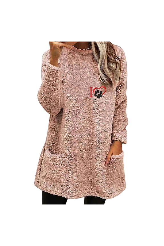 Womens Winter Fuzzy Fleece Sweatshirts Comfy Crew Neck Warm Blouses Juniors Trendy Long Sleeve Sweater Pullover Solid Thermal Tops with Pockets,Pink,Medium