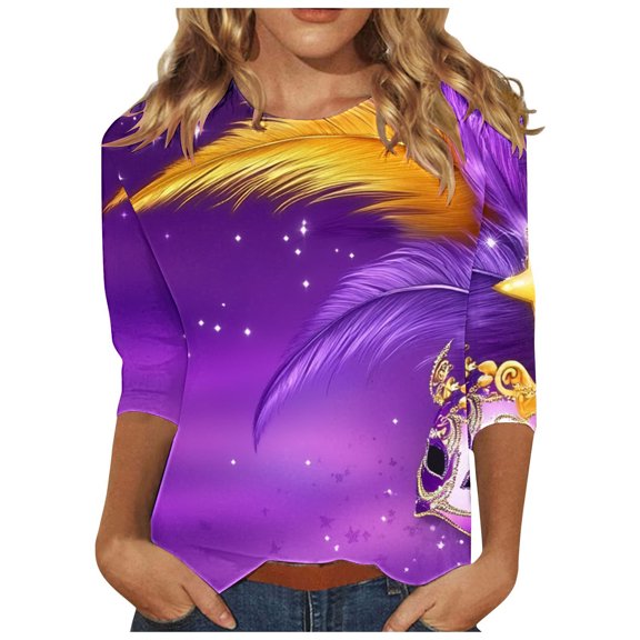 miqiqism Women Shirt Carvinal Party Trendy Funniy Balloon Tops Fashion Round Neck Pullover Blouses 3/4 Sleeve Tshirts Mardi Gras Costume 2025 Fashion Printer Tees,05 Purple,Large