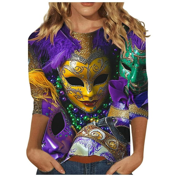 miqiqism Women Shirt Carvinal Party Trendy Funniy Balloon Tops Fashion Round Neck Pullover Blouses 3/4 Sleeve Tshirts Mardi Gras Costume 2025 Fashion Printer Tees,02 Multicolor,Large