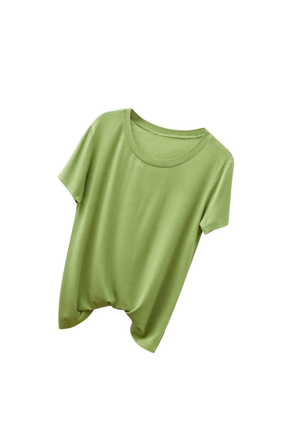 Women Short Sleeves Cropped Shirts Round Neck Crop Tops Casual Summer Solid Color Basic Tees Teen Girls Casual O-Neck Loose Fit Blouses Tops,Green,Large
