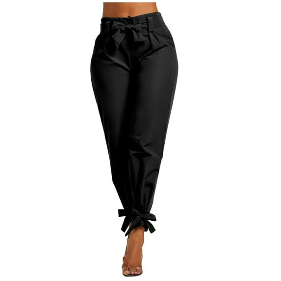 miqiqism Women Solid Pants Casual Work Trousers Comfy Paper Bag Pants Trendy High Waist Ruffle Bow Tie Pants Fashion Pleated Ankle Cuffs Pants,Black,XX-Large