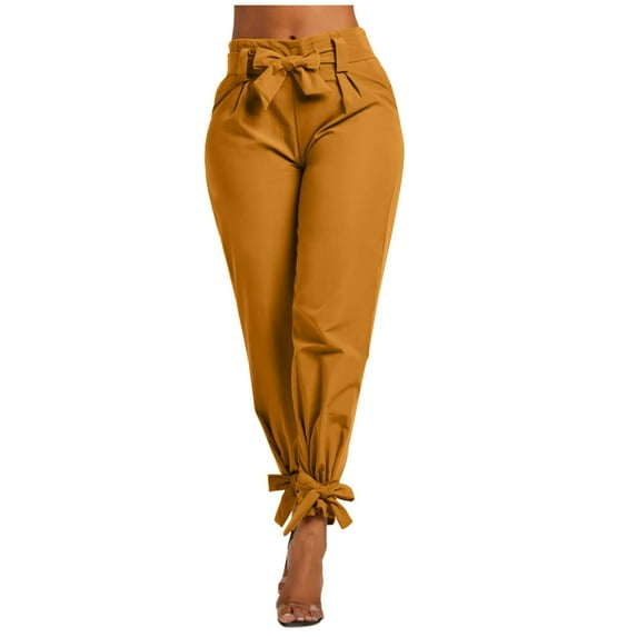 miqiqism Women Solid Pants Casual Work Trousers Comfy Paper Bag Pants Trendy High Waist Ruffle Bow Tie Pants Fashion Pleated Ankle Cuffs Pants,Yellow,Medium