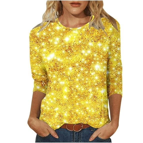 miqiqism Women Sparkly Sequin Tops 3/4 Sleeve Shirts Trendy Round Neck Blouse Tshirts Loose Fit Tunic Outfit Glitter Shiny Metallic Party Dressy Tops,01_Yellow,Large
