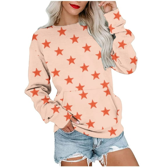 miqiqism Women Star Printed Sweatshirt Juniors Trendy Crew Neck Long Sleeve Shirt Teen Girls Casual Pullover Top Fall Y2K Tunic Clothes with Pockets,Beige,XX-Large