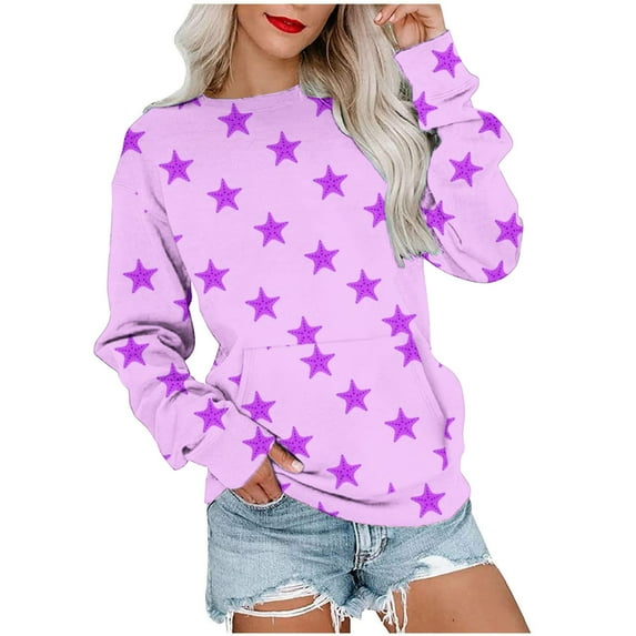 miqiqism Women Star Printed Sweatshirt Juniors Trendy Crew Neck Long Sleeve Shirt Teen Girls Casual Pullover Top Fall Y2K Tunic Clothes with Pockets,Purple,X-Large