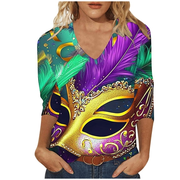 miqiqism Women Striped Giltter Shirts 3/4 Sleeve Carvinal Tops Trendy Vneck Pullover Tee Blouses 2025 Fashion Mardi Gras Day Party,06 Purple,4X-Large