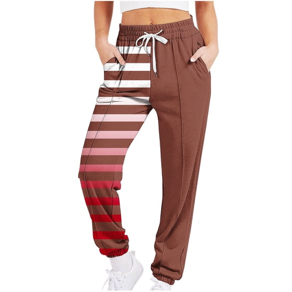 miqiqism Women Striped Gradient Cinch Pants High Waisted Looses Pant Casual Drawstring Quilted Trousers Trendy Coloblock Travel Y2K Streetwear Baggy Stretchy Trouser,Red,Large