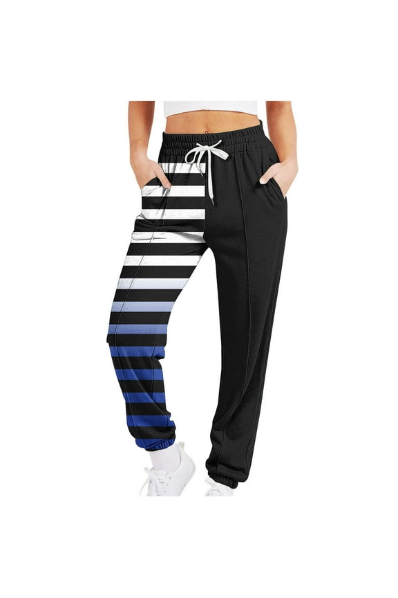 Women Striped Gradient Cinch Pants High Waisted Looses Pant Casual Drawstring Quilted Trousers Trendy Coloblock Travel Y2K Streetwear Baggy Stretchy Trouser,Black,Medium