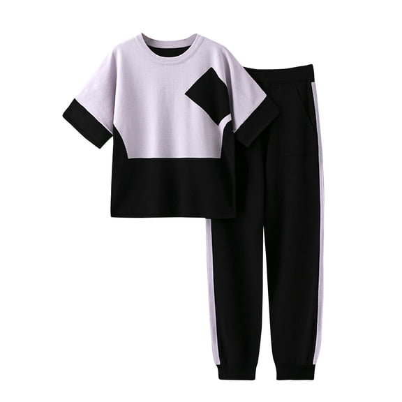 miqiqism Women Striped Knit Set Sweatsuit Short Sleeves V Neck Sweatshirts Casual Long Lounge Pant with Pockets Trendy Loose Tracksuit Comfy Outfits 2 PCS,B#02_Black,Free Size