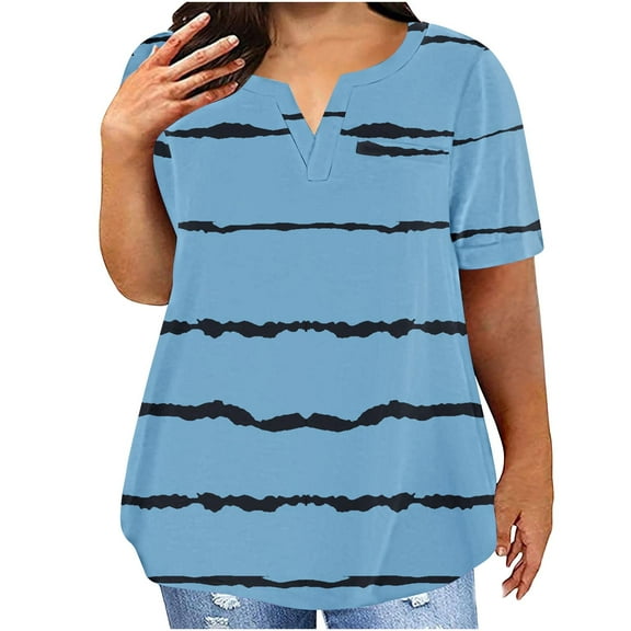 Plus Size Tops for Women Striped Tunic Shirts Short Sleeve Vneck Tshirt Blouses Loose Summer Outfit