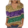 thumbnail image 1 of miqiqism Women Striped Shirts Loose Tunic Tops Tees 3/4 Sleeves O-Neck Pullover Blouse Carvinal Sparkle Mardi Gras Costume,03 Purple,XX-Large, 1 of 4