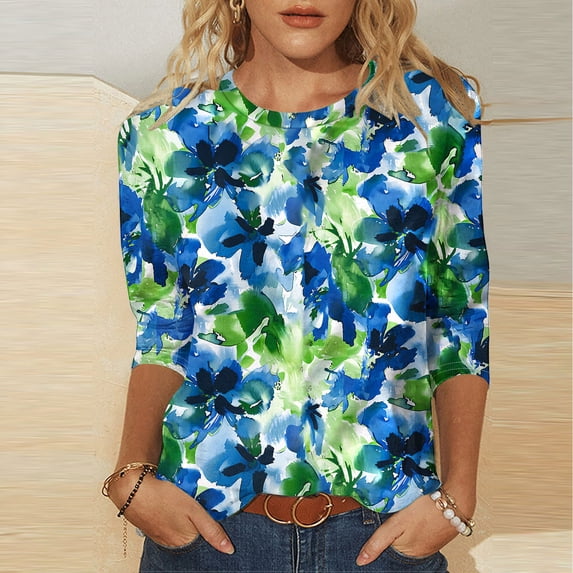 miqiqism Women Sunflower Shirts Tops Casual 3/4 Sleeve Tunic Blouses Round Neck Tshirts Juniors Girls Loose Outfit Lady Spring Summer Blouse,01_Green,Small