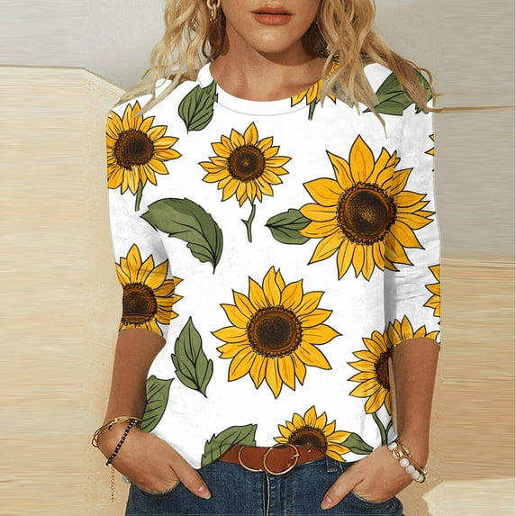 miqiqism Women Sunflower Tees Shirts Casual 3/4 Length Sleeve Tops Womens Pullover Tshirt Round Neck Basic Blouses Spring Summer Plus Size Clothing Loose Tunic Blouse,01_White,XX-Large