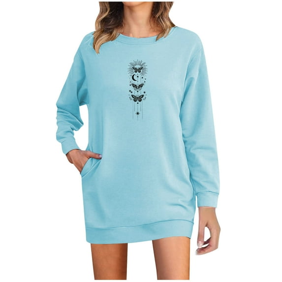 miqiqism Women Sweatshirt Cute Butterfly Printed Blouses Juniors Trendy Long Sleeves Crew Neck Dress Sweatshirts Oversized Drop Shoulder Blouse with Pockets,Light Blue,3X-Large