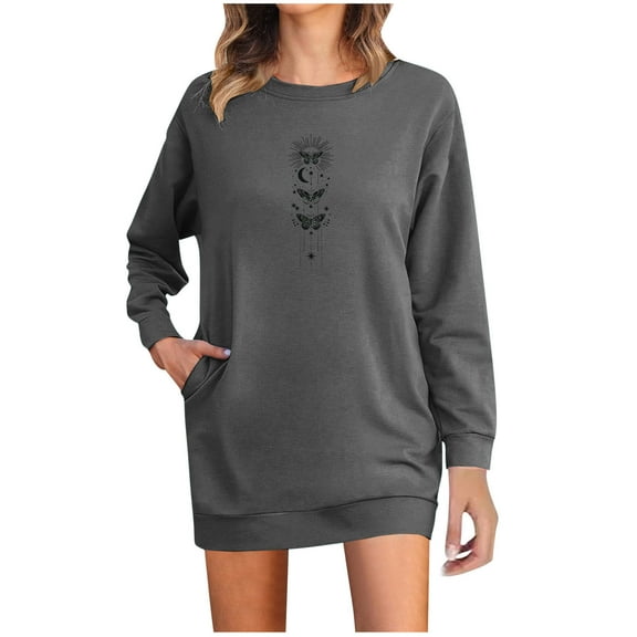 miqiqism Women Sweatshirt Cute Butterfly Printed Blouses Juniors Trendy Long Sleeves Crew Neck Dress Sweatshirts Oversized Drop Shoulder Blouse with Pockets,Dark Gray,3X-Large