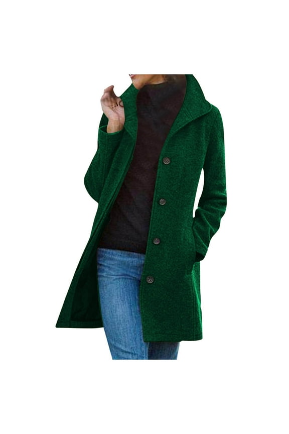 Women Thicken Wool Blend Jackets Stand Collar Coats Fuzzy Single Breasted Pea Coat Solid Long Sleeve Blazers with Pockets,Green,3X-Large
