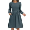 thumbnail image 1 of miqiqism Women Vintage Dresses Comfy Long Sleeves Puff Dress Trendy A Line Pullover Skirts Juniors Fashion Slim Fit Crew Neck Dress Juniors Solid Pleated Costume,Navy,Small, 1 of 5