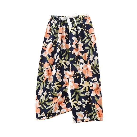 miqiqism Women Vintage Printed Pants Trendy Casual High Waist Elastic Pajama Trousers Floral Print Comfy Trousers Drawstring Palazzo Pants,Black,Free Size