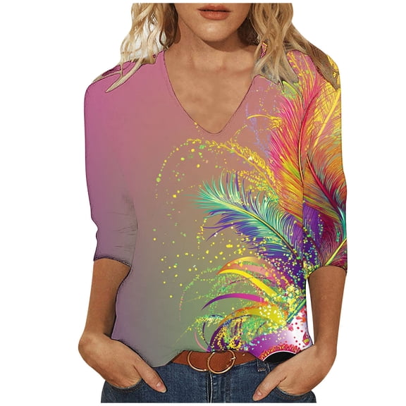 miqiqism Women Vneck Tops for Carvinal Party Shirts Fashion Feather Print Blouses 3/4 Sleeve Tunic Tees Mardi Gras Party Pullovers,02 Multicolor,Small