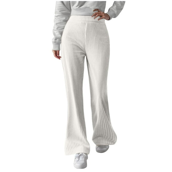 miqiqism Women Wide Leg Sweatpants Casual Solid Corduroy Flare Leggings High Waisted Trouser Comfy Lounge Jogger Baggy Trousers Pant with Pockets,White,Large