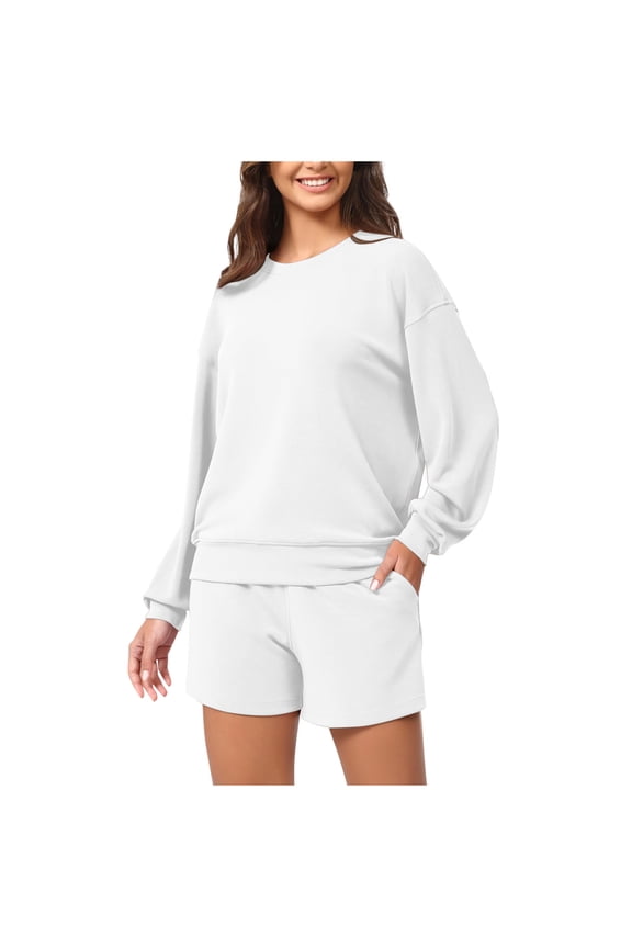Women's 2 Piece Outfits Lounge Sets Casual Solid Sweatsuits Long Sleeve Pullover Tops and Shorts Oversize Drop Shoulder Loungewear Blouses with Pockets,White,X-Large
