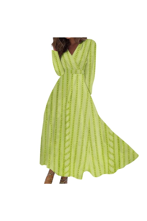 Women's 2024 Fall Dresses Comfy Long Sleeves Casual Dresses V-Neck Semi Formal Party Dress with Pockets Juniors Boho Striped,Green,Large
