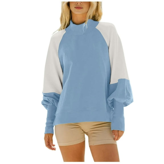 miqiqism Women's 2024 Fall Sweatshirt Juniors Casual Oversized Sweater Teen Girls Crewneck Batwing Sleeve Pullover Tops Trendy Patchwork Crew Neck Long Sleeves Blouses,Light Blue,X-Large