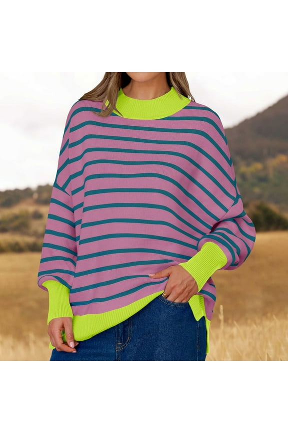Women's 2024 Fall Winter Sweatshirts Juniors Long Sleeve Knit Sweater Comfy Crew Neck Striped Blouses Teen Girls Loose Oversized Warm Soft Pullover Tops,Purple,Medium