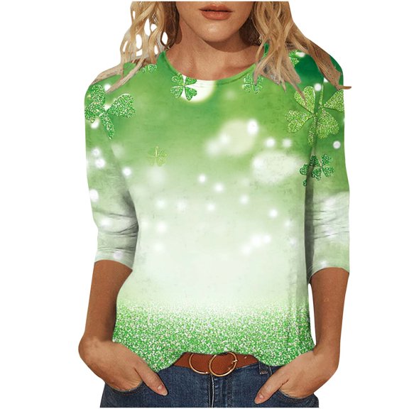 miqiqism Women's 3/4 Sleeve Shirts Gradient Tunic Tops Shamrock Lightweight Blousers Comfy Round Neck Tshirts Summer Plus Size Outfit St Patricks Day,#04_Green,XX-Large