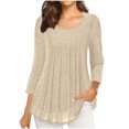 thumbnail image 1 of miqiqism Women's 3/4 Sleeve Tunic Tops Round Neck Flowy Shirts Glitter Mesh Pleated Layered Shirt Ladies Casual Pullover Tshirts Fashion Party Blouses,01_Beige,Small, 1 of 7