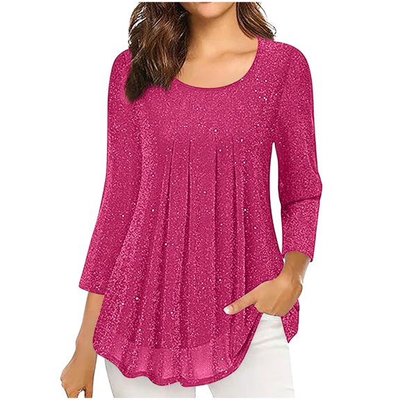 miqiqism Women's 3/4 Sleeve Tunic Tops Round Neck Flowy Shirts Glitter Mesh Pleated Layered Shirt Ladies Casual Pullover Tshirts Fashion Party Blouses,01_Hot Pink,Medium