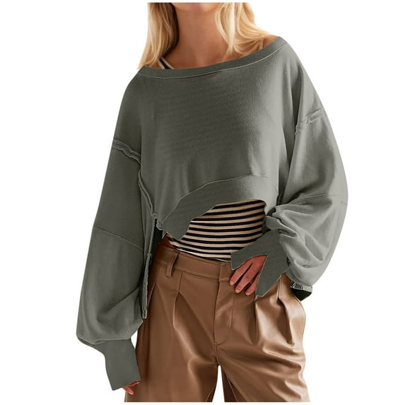 miqiqism Women's Casual Boat Neck Sweather Teen Girls Off Shoulder Long Puff Sleeves Blouses Juniors Casual Loose Tunic Tops Solid Color Cropped Shirts,Gray,Small