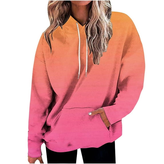 miqiqism Women's Casual Drawstring Sweatshirt Juniors Trendy Gradient Hoodie Comfy Long Sleeve Pullover Sweatshirt Tops with Pocket Casual Loose Pullover Tunic Clothes,Orange,Medium