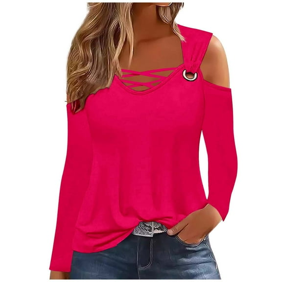 miqiqism Women's Casual Shirts Comfy Off The Shoulder Tops Long Sleeve T Shirts Loose Summer Blouse Shirt Slim Fit Solid Color Blouses,Hot Pink,XX-Large