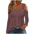 thumbnail image 1 of miqiqism Women's Casual Shirts Comfy Off The Shoulder Tops Long Sleeve T Shirts Loose Summer Blouse Shirt Slim Fit Solid Color Blouses,Brown,X-Large, 1 of 5