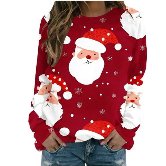 miqiqism Women's Christmas Sweatshirts Casual Round Neck Long Sleeve Sweatshirt Santa Claus Printing Raglan Top Casual Fall Pullover Loose Tunic Blouses,Wine,Small
