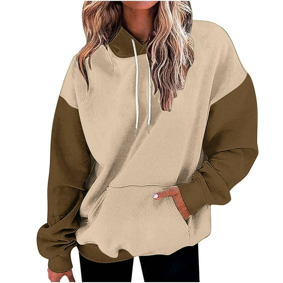 miqiqism Women's Color Block Oversized Hooded Sweatshirts Juniors Casual Long Sleeve Hoodies Drop Shoulder Fleece Pullover Sweatshirt with Pocket,Brown,Large