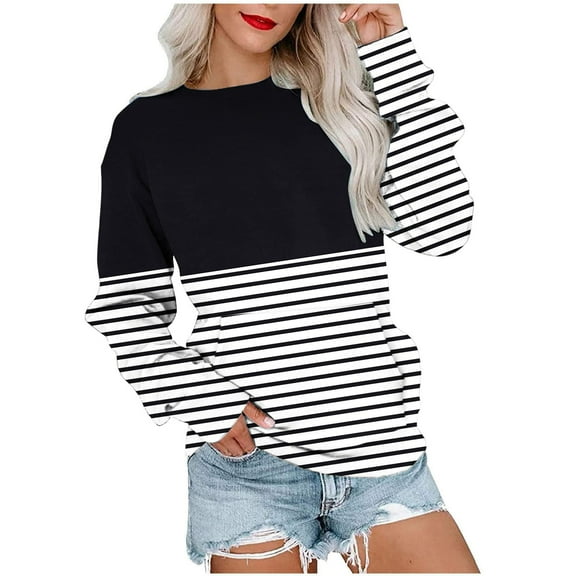miqiqism Women's Color Block Sweatshirts Teen Girls Comfy Long Sleeve Tunics Tops Juniors Casual Striped Crew Neck Shirts Loose Pullover Tunic Blouses with Pockets,Black,XX-Large