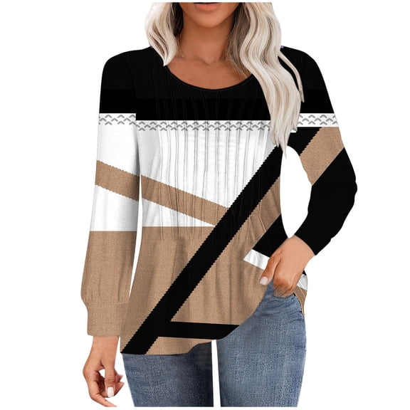 miqiqism Women's Colorblock Tunic Tops Fall Trendy Round Neck Blouses Juniors Comfy Long Sleeve Tunic Tee Shirts Casual Loose Printed Pullover Blouses,Brown,XX-Large