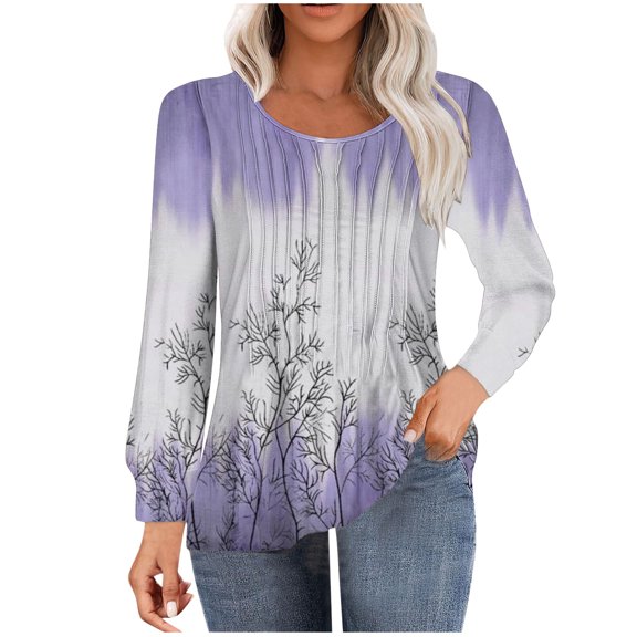 miqiqism Women's Colorblock Tunic Tops Fall Trendy Round Neck Blouses Juniors Comfy Long Sleeve Tunic Tee Shirts Casual Loose Printed Pullover Blouses,Purple,Large