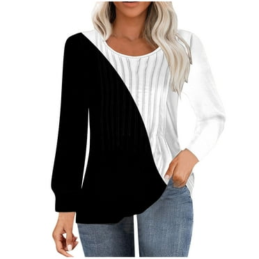 miqiqism Women's Colorblock Tunic Tops Fall Trendy Round Neck Blouses Juniors Comfy Long Sleeve Tunic Tee Shirts Casual Loose Printed Pullover Blouses,Black,Large