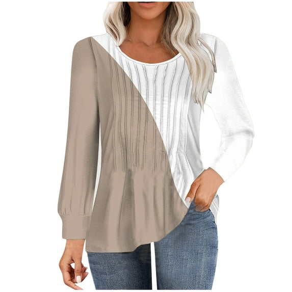 miqiqism Women's Colorblock Tunic Tops Fall Trendy Round Neck Blouses Juniors Comfy Long Sleeve Tunic Tee Shirts Casual Loose Printed Pullover Blouses,Khaki,X-Large