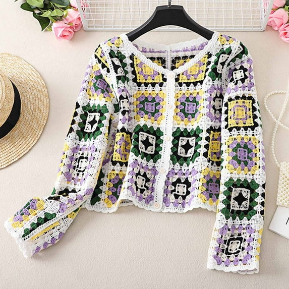miqiqism Women's Colored Plaid Hand Crochet Cardigan Ethnic Woman Full Sleeve Button Down Sweater Beach Short Jumper Autumn Juniors Fashion Cropped Blouses,White,Free Size