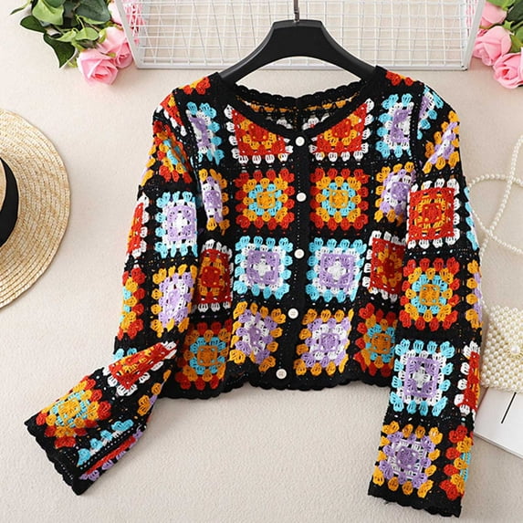 miqiqism Women's Colored Plaid Hand Crochet Cardigan Ethnic Woman Full Sleeve Button Down Sweater Beach Short Jumper Autumn Juniors Fashion Cropped Blouses,Black,Free Size