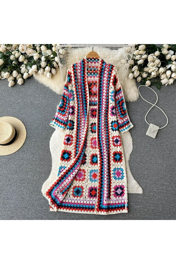 Women's Colored Plaid Sweater Teen Girls Flower Hand Crochet Hooded Cardigan Ethnic Woman Full Sleeve Sweater Juniors Fashion Beach Long Sweater,Red,Free Size