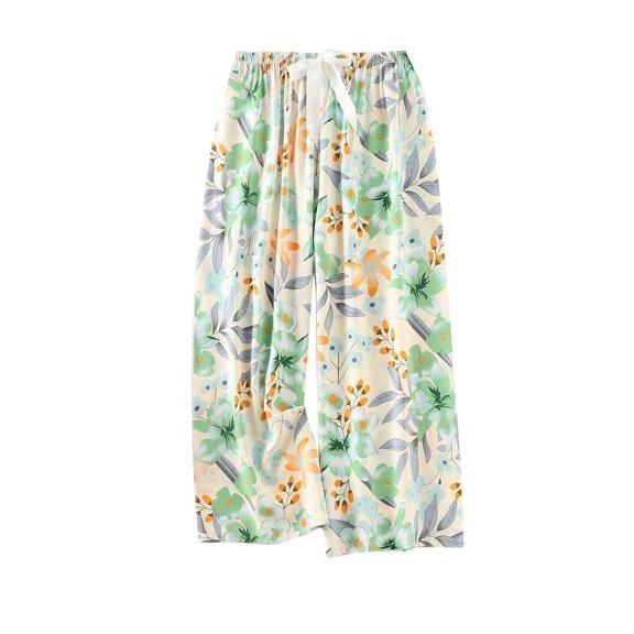 miqiqism Women's Comfy Pajama Lounge Pants Floral Print Drawstring Jogger Wide Leg Athletic Pants Trendy Wide Leg High Waist Yoga Bottom Clothes,Light Blue,Free Size