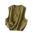 thumbnail image 1 of miqiqism Women's Cotton Linen Sleeveless Vest Coat Casual V Neck Button Down Blazer Waistcoat Jackets Solid Color Open Front Jacket Blouses With Pocket,Khaki,XX-Large, 1 of 5