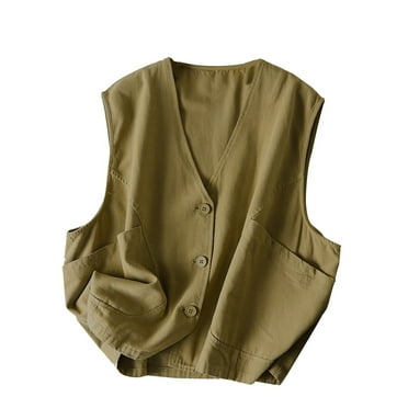 miqiqism Women's Cotton Linen Sleeveless Vest Coat Casual V Neck Button Down Blazer Waistcoat Jackets Solid Color Open Front Jacket Blouses With Pocket,Khaki,XX-Large
