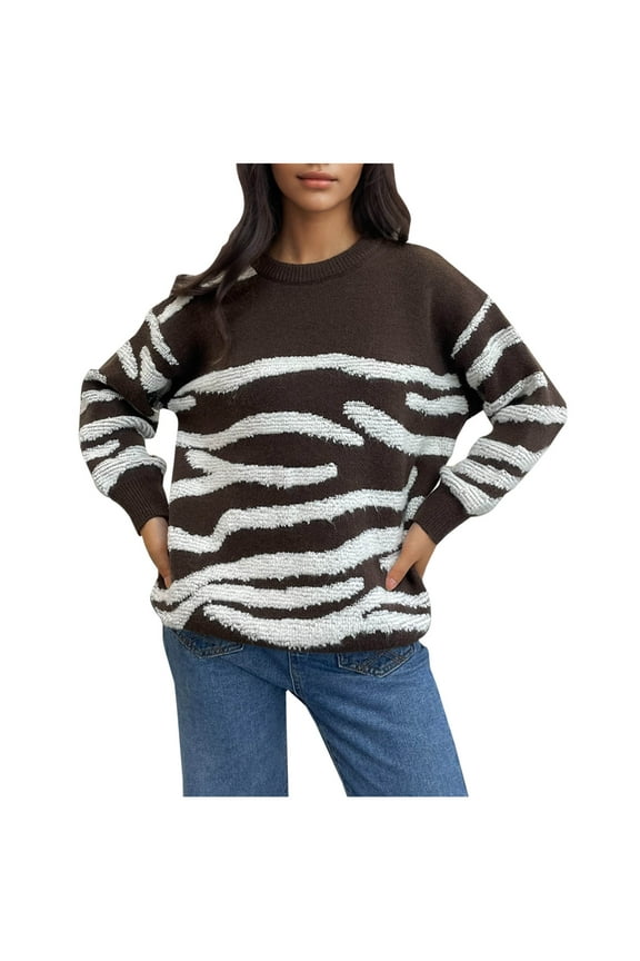 Women's Crew Neck Sweaters Juniors Zebra Striped Print Sweater Lady Casual Long Sleeve Color Block Knit Sweater Loose Tunic Pullover Tops,Coffee,Small