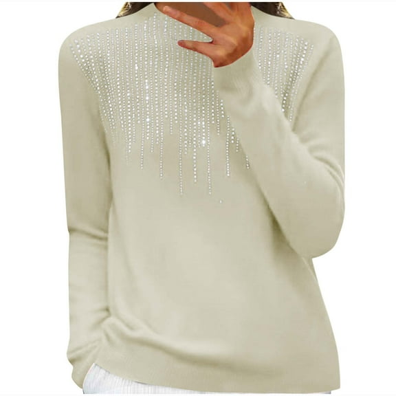 miqiqism Women's Crewneck Blouses Teen Girls Long Sleeves Sweater Juniors Comfy Pullover Tops Fashion Ribbed Knit Jumper Fashion Rhinestone Slim Fit Clothing,White,Small